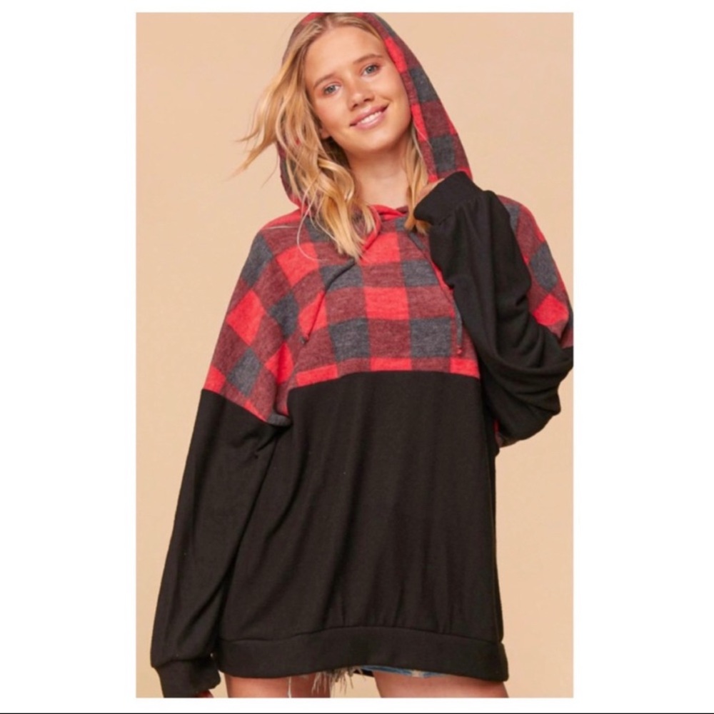 NEW Cashmere Feel Plaid Colorblock Long-sleeve Pullover with Hoodie
